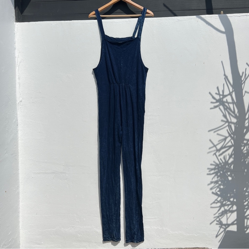 Faded Dark Wash Blue Lightweight Tie Strap Jumpsuit - Picture 4 of 11